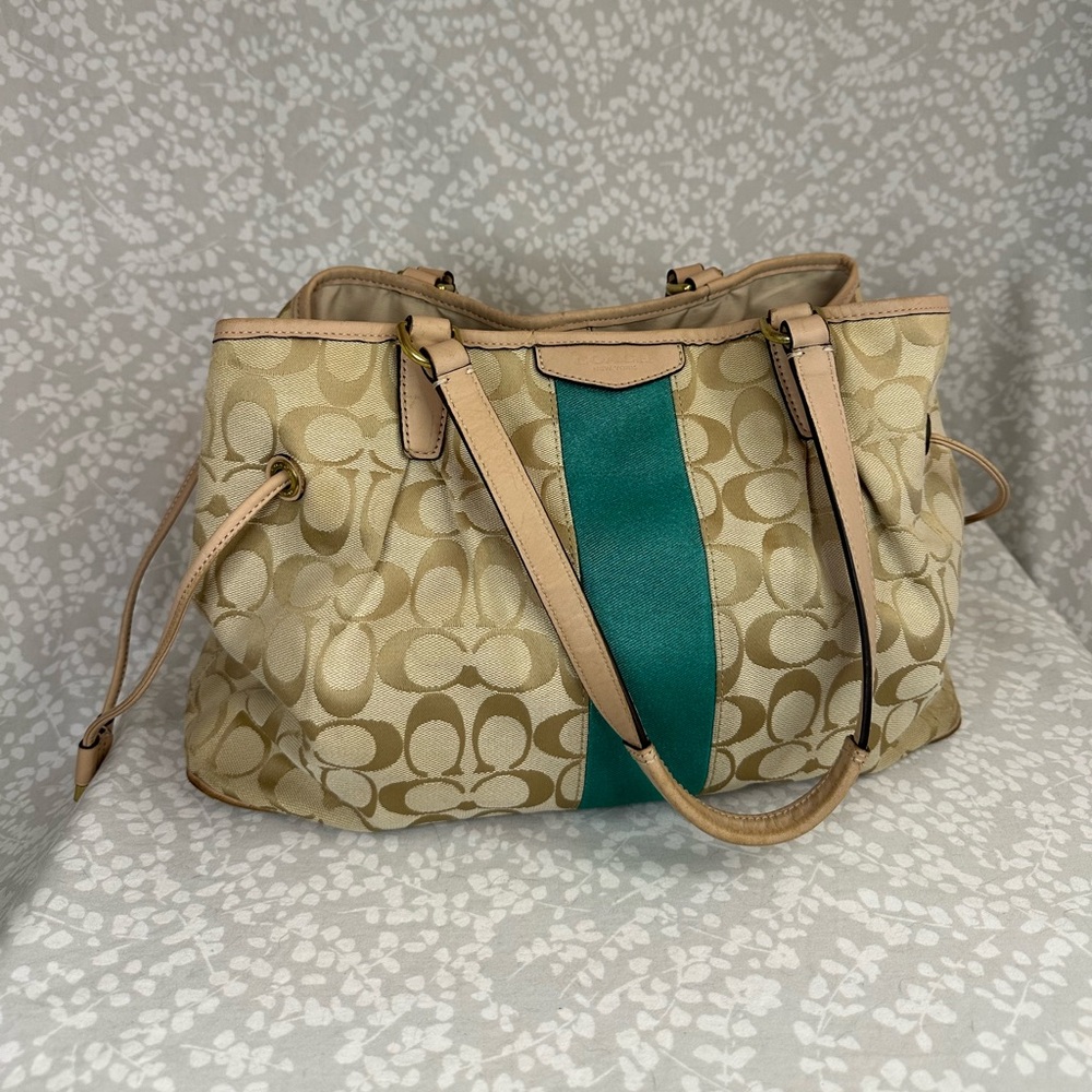 Coach Elegant Beige and Teal Designer Tote Bag F28501